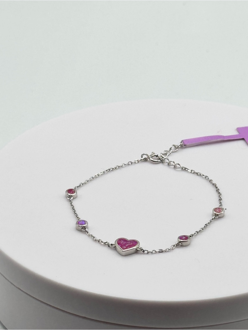 Sterling Silver Pink Heart Created Opal Bracelet